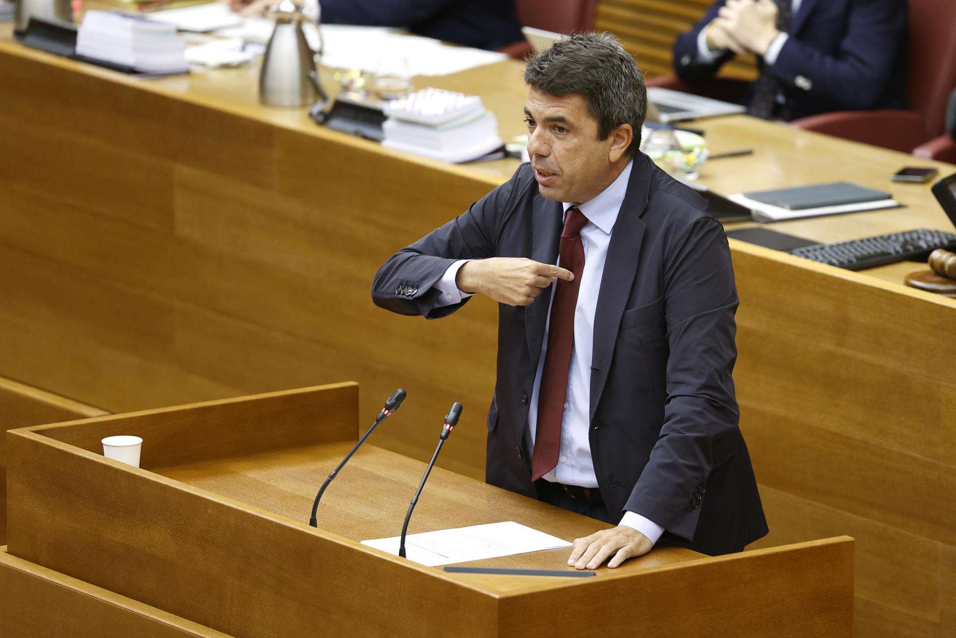 El presidente valenciano, Carlos Mazón interviene durante la sesión de control parlamentario al gobierno sobre el aniversario de la dana del 29 de octubre de 2024, este jueves en el Palau de Les Corts, Valencia. EFE/ Ana Escobar